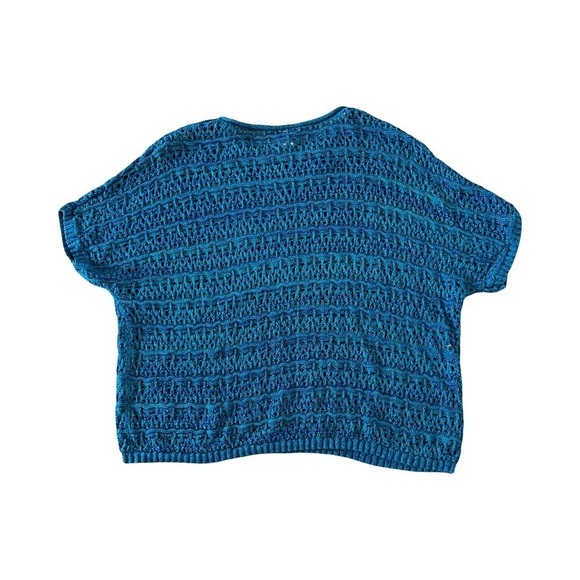 Catherines | Sparkly Teal Open Weave Knit Short Sleeve Cotton Sweater, 2X - Picture 2 of 5